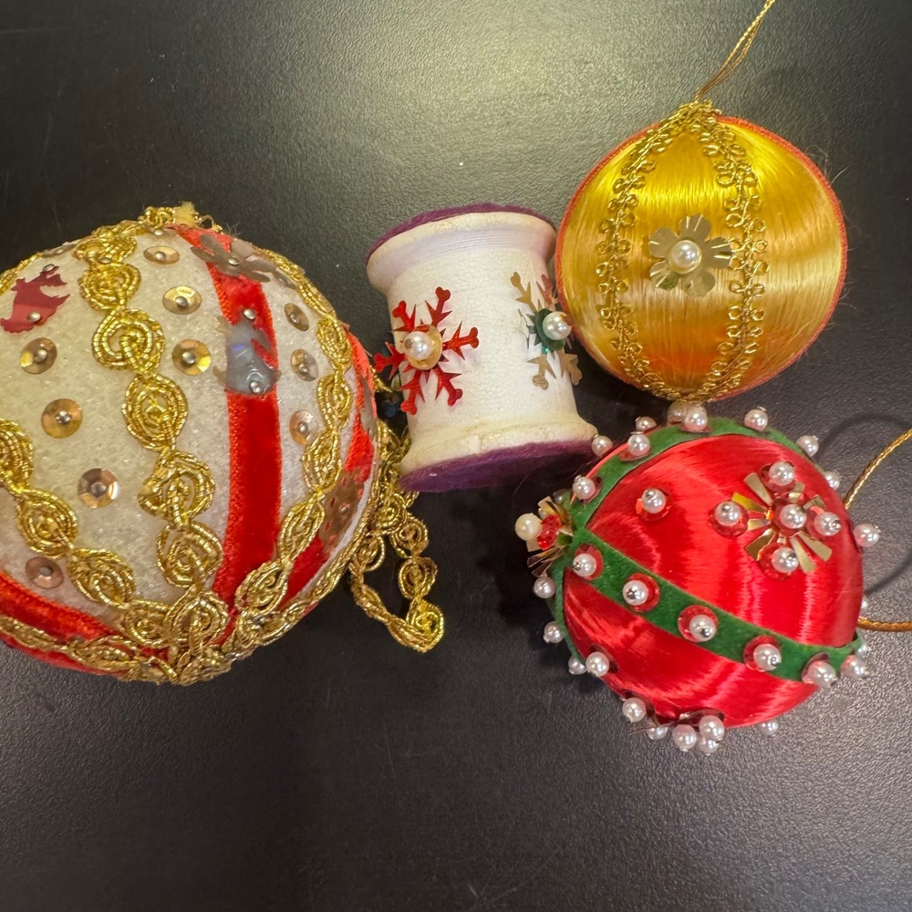 Handmade Christmas Ornaments Set 4 Multicolor Vintage Sequin Pearl Velvet Spool